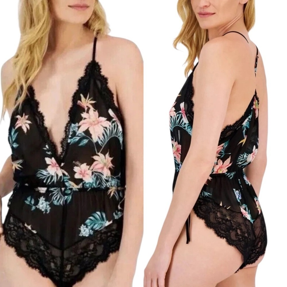INC International Concepts Lace Chiffon Floral Lingerie Bodysuit Tropical L NWT